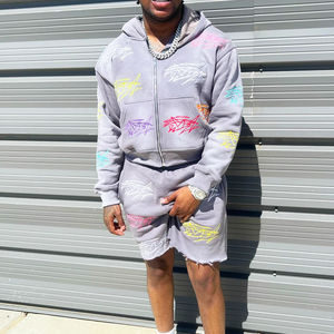 Streetwear Custom Tracksuit Manufacturer Polyester/Cotton French Terry Acid Wash Printed <b>Zip</b> Hoodie <b>Shorts</b> Custom Vintage Casual - Product Image 3