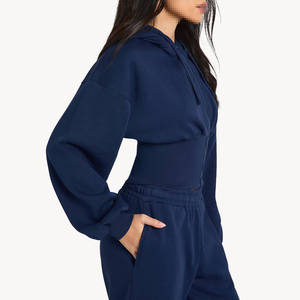 ชุดเซ็ตเสื้อฮู้ดซิปสีกรมท่าสำหรับผู้หญิงและกางเกงขายาวผ้าฟลีซทรงหลวม เอวยางยืด ชุดลำลองสบายๆ รับผลิตแบบ OEM ODM จำนวนมาก - Product Image 3