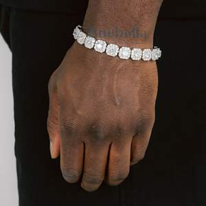 12mm 14k White Gold Plated Solid 925 Sterling <b>Silver</b> Moissanite Cluster Tennis Bracelet <b>for</b> <b>Men</b> - Product Image 1