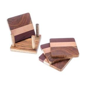 Round Shape Antique Polished Design Acacia Wood Table <b>Coaster</b> <b>Set</b> <b>with</b> <b>Holder</b> Wholesale Exporter Worldwide - Product Image 3