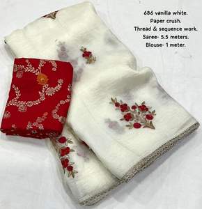 ชุดส่าหรีผ้าไหมบานาราซีเนื้อนุ่มสำหรับผู้หญิง ปักลายด้วยด้ายสวยงาม ประดับด้วยลูกปัดและลูกไม้ตัดกัน พร้อมเสื้อทอผ้าไหมซารี - Product Image 5