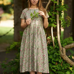 Robe bohème New Amie, imprimée à la main, en coton pur, motif floral vert et rose, tenue décontractée - Product Image 1