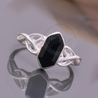 Nouvelle Bague pour Femme en Argent Sterling 925 avec Onyx Noir Hexagonal, Motif Nœud Celtique, Plaqué Rhodium, Style Filigrane, pour Mariage et Fête