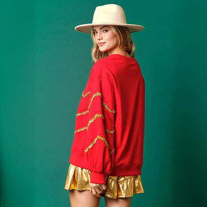 Sweat-shirt femme rouge à col rond, nœud papillon, couleur unie, tendance automne-hiver, pour Noël - Product Image 5