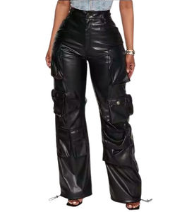 Pantalones Cargo de Cintura Alta, Transpirables, de Piel Sintética, con Bolsillos Planos, Estilo Urbano, Pierna Ancha, Casuales, Largos, para Hombre y Mujer, Lavados - Product Image 1