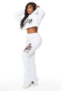 กางเกงสเวตเตอร์เอวยางยืดผ้าฝรั่งเศสสำหรับผู้ชายชุดสตรีทสีเปลวไฟสีขาวและกลางเอวสไตล์สแต็ก - Product Image 2