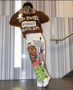 Vente chaude pantalons pour hommes partout imprimé coton éponge français pantalons de survêtement à jambes larges surdimensionné poids lourd Baggy pantalons de survêtement lavés - Product Image 1