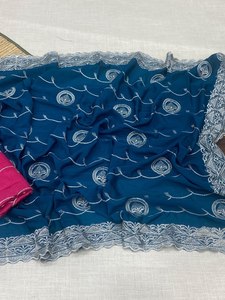 Routine quotidienne personnalisé imprimé fantaisie coupe bordure travail pur Chinon soie tissu longue longueur pré drapé Saree avec chemisier pièce - Product Image 6