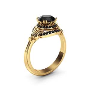 Bague de fiançailles en diamant noir victorien Halo caché coupe ronde pour femme - Product Image 3