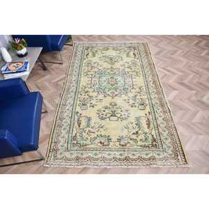 Turkish Rug, 5.1x8.6 ft Large Rug, <b>Yellow</b> Bordered <b>Wool</b> Vintage Rug - Product Image 5