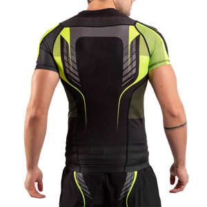 Men's Fitted Sublimation Printed Rash Guard Black <b>Neon</b> Green Moisture Wicking Stretch Breathable MMA Combat Sports Shirt - Product Image 2