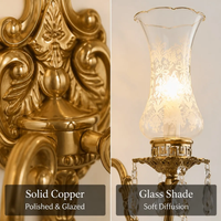 Applique murale en cuivre et cristal, abat-jour en verre gravé classique, E14, lampe décorative de luxe pour salon, chambre, couloir, hôtel