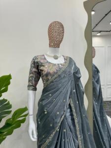 Material Chinon de alta calidad de Sari de secuencia pesada de diseñador para adultos indios y paquistaníes para bodas y fiestas - Product Image 2