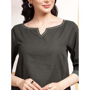 Ensemble coordonné Deebco pour femmes en coton vert olive uni, haut brodé avec pantalon palazzo, tenue en 2 pièces, vêtements décontractés quotidiens, style occidental - Product Image 3