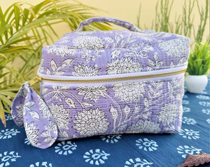 Neceser de maquillaje acolchado, neceser grande de viaje para mujer, Neceser de maquillaje con estampado de bloques, neceser de gran capacidad - Product Image 5
