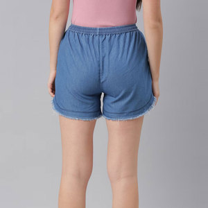 Shorts en jean taille haute pour femme, bleu clair, avec cordon de serrage, taille élastique, style décontracté, ourlet déchiré, 100 % coton - Product Image 6