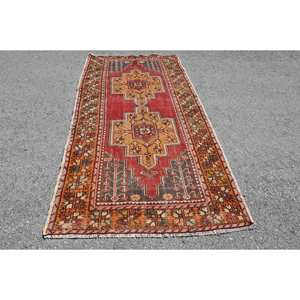 Alfombra turca clásica roja y naranja Vintage, diseño de retales de área grande de 4,2x8,6 pies para pasillo, dormitorio, látex de lana para mesita de noche - Product Image 1