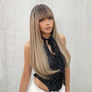 Shenna-DWY Long Natural Wavy Synthetic <b>Wig</b> with for Ombre Blonde and <b>Brown</b> Highlights Transparent Lace Includes Bangs - Product Image 3