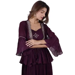 Designer Roxo Cor Bordado Espelho Trabalho Sharara Suit Para Mulheres, Salwar Suit, Wear Casamento Roupa bonita Para Mulheres & Menina