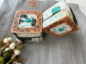 Cajas de joyería de cuero de piel metálica con herramientas hechas a mano con estilo occidental, fundas mínimas esenciales de joyería con piedra turquesa - Product Image 2