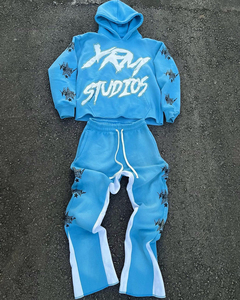 Ropa de moda Trajes de sudor personalizados Algodón Fleece Cropped Hoodie Hombres Joggers Traje 3D Puff Impresión Pantalones de chándal acampanados y conjunto de Sudadera con capucha - Product Image 1