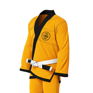 Uniforme de Jiu-Jitsu jaune avec bordure noire et ceinture blanche pour adultes, unisexe, coupe régulière, logo sur le devant - Product Image 3