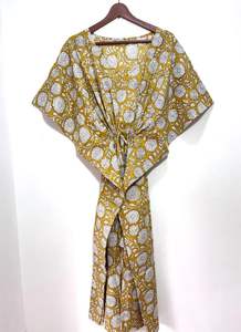 Bloque de mano estampado Floral Kaftan Casual hasta el suelo ropa de dormir vestido 100% algodón Natural verano vacaciones Bikini vestido para mujer - Product Image 6