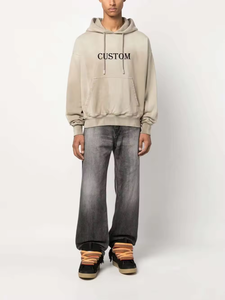 Sudadera con cordón unisex beige personalizada Logo en relieve hombro caído Sudadera con capucha de peso pesado de gran tamaño para hombres - Product Image 5