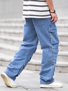 กางเกงยีนส์ฟอกสีเข้มสำหรับผู้ชายขาตรงมีกระเป๋าหลายสีสไตล์ลำลอง - Product Image 4