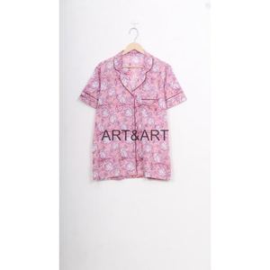 Ensemble de pyjama indien décontracté en coton imprimé à la main Fleur tissée respirante Vêtements de nuit de grande taille pour l'été - Product Image 2