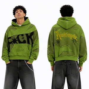 Sweat à capuche oversize personnalisé effet vieilli en molleton épais patchwork streetwear à épaules tombantes - Product Image 6