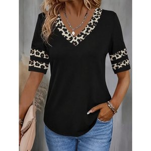 Chemisier en viscose à manches courtes et col en V pour femme, imprimé léopard, 36336 - Noir - Product Image 1
