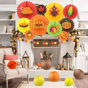 Festival Thanksgiving Party Supplies Pumpkin Hanging Paper Fans Lanterns Dots Garland for Autumn Harvest Time Home Decor