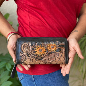 Cartera tallada a mano, funda de teléfono de embrague, elegante Cartera de Color amarillo con flor de Sol para mujer, carteras de cuero occidental multiusos - Product Image 2