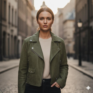 Chaqueta de Cuero Gamuza Genuina para Mujer, Estilo Camionero, para Fiesta/Club, Diseño Urbano/Vintage - Product Image 1