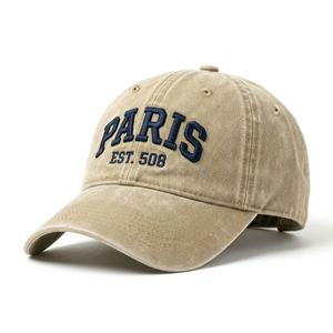 "Paris" Embroidered Baseball Cap Unisex Washed <b>Distressed</b> Soft <b>Top</b> Cap with Curved Brim 3D Embroidery Customizable - Product Image 1