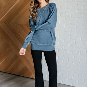 Top Quality Custom Design Women Acid Wash Sweatshirt Pullover Long Sleeves Embroidered Plain Acid Wash Sweatshirts OEM - Product Image 3