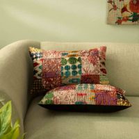 Housse de coussin personnalisable faite à la main, style bohème, en polyester/coton, patchwork brodé Kantha, fermeture éclair, vente en gros