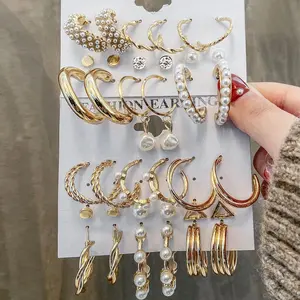 Conjunto de brincos de gancho, vintage, dourado, prata, metal, corrente, para mulheres, moda feminina, pérola, círculo, brincos de argola, 2022, joias tendência