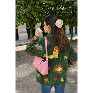 Chaqueta Bomber de Piel de Oveja Reversible Acolchada Hecha a Mano con Bordado Suzani en Terciopelo Verde Otoñal, Talla Única, Manga Larga, Logotipo Personalizable - Product Image 1