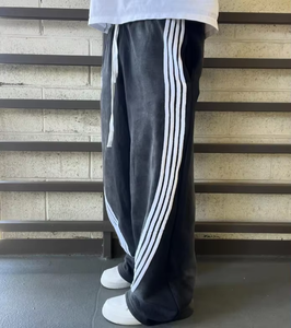 High Quality Winter Vintage <b>Spray</b> Sweat Pants Men Side Striped Wide Leg Stacked Graphic Embroidered Webbing Curved Long 100% - Product Image 4
