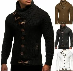 OEM Hàng dệt kim Cardigan Dày Chunky Cardigan dài tay áo nút xuống Crew Neck Ruffle đan kéo men's cao cổ áo len