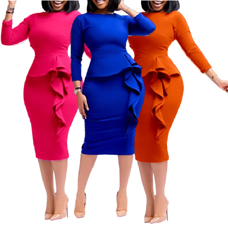 新着ファッション秋ドレス女性用エレガントフリルレディースオフィスドレス女性フォーマルワークアフリカンペンシルドレス