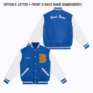 Chaqueta clásica de béisbol para hombre con logotipo personalizado y bordado en la espalda, chaqueta universitaria con mangas blancas y Letras en azul marino - Product Image 2