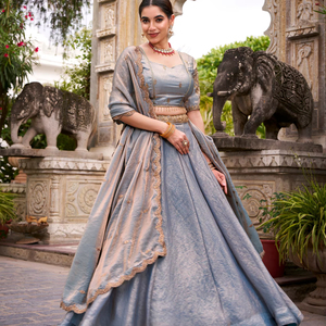 Elegant <b>Gold</b> Lace Embellished Pastel Lehenga Choli for Festive Party Outfits Trending Dreamy Fashion - Product Image 1