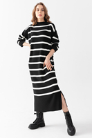 Robe en Maille pour Femme à Col Rond, Rayée, à Manches Longues, Chaude, Élégante et Confortable, Robe Hijab Décontractée Fendue, Services FEO