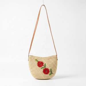 Handwoven <b>raffia</b> Shoulder <b>Bag</b> Floral Embroidered Zipper Purse Bohemian Ladies Tote for All Seasons - Product Image 5