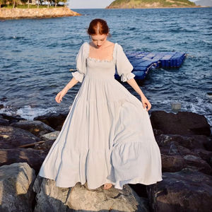 เดรสแม็กซี่สไตล์โบฮีเมียนคลาสสิกสำหรับผู้หญิง สีฟ้าอ่อน คอเหลี่ยม ผ้าลินิน ไซส์พลัส เสื้อผ้าลินินใส่สบาย มีหลายขนาดให้เลือก - Product Image 3