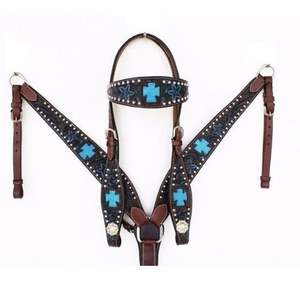 Ensemble de têtière et de collier de poitrail pour cheval western en cuir tendance avec incrustation en croix disponible au prix de gros - Product Image 2