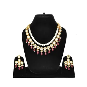 Classic and Trendy Maroon <b>Pearl</b> Kundan <b>Set</b> with Gold Plating Diamond and Freshwater <b>Pearl</b> for Wedding Party Engagement Gift - Product Image 2
